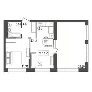 2-к квартира, строящийся дом, 43м2, 6/17 этаж