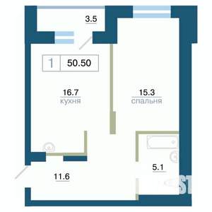 1-к квартира, вторичка, 51м2, 3/24 этаж
