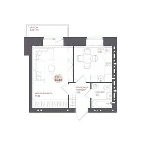 1-к квартира, строящийся дом, 37м2, 2/17 этаж