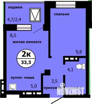 2-к квартира, строящийся дом, 33м2, 8/19 этаж