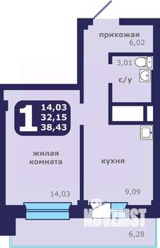 1-к квартира, строящийся дом, 38м2, 20/25 этаж