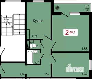 2-к квартира, вторичка, 61м2, 7/17 этаж