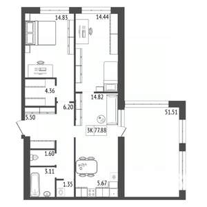 3-к квартира, вторичка, 78м2, 6/17 этаж