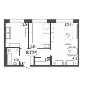 3-к квартира, вторичка, 57м2, 4/17 этаж