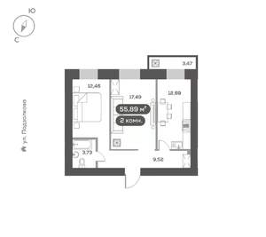 2-к квартира, вторичка, 56м2, 9/16 этаж