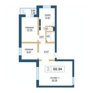 3-к квартира, вторичка, 70м2, 16/17 этаж