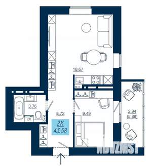 1-к квартира, строящийся дом, 44м2, 17/19 этаж
