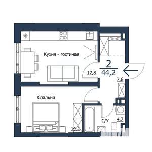 2-к квартира, строящийся дом, 44м2, 23/23 этаж