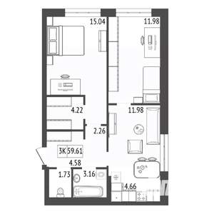 3-к квартира, строящийся дом, 60м2, 16/17 этаж