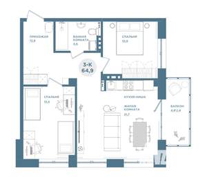 3-к квартира, строящийся дом, 65м2, 13/19 этаж