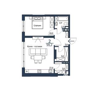 2-к квартира, строящийся дом, 59м2, 3/23 этаж
