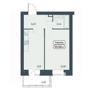 1-к квартира, строящийся дом, 40м2, 8/9 этаж