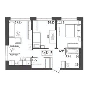 3-к квартира, строящийся дом, 52м2, 9/17 этаж