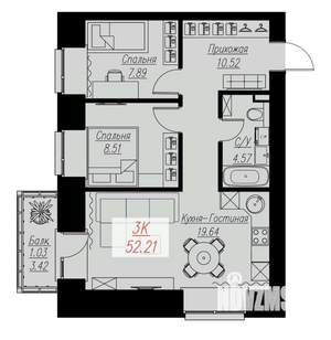 2-к квартира, строящийся дом, 52м2, 4/17 этаж