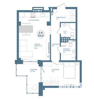2-к квартира, строящийся дом, 56м2, 3/19 этаж
