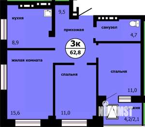 3-к квартира, сданный дом, 62м2, 6/19 этаж