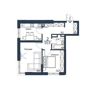 2-к квартира, строящийся дом, 54м2, 19/23 этаж