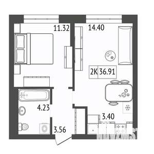 2-к квартира, строящийся дом, 37м2, 2/17 этаж