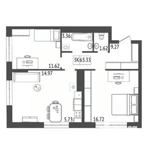 3-к квартира, вторичка, 63м2, 2/17 этаж