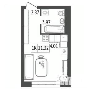 1-к квартира, строящийся дом, 21м2, 16/17 этаж