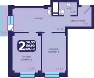 2-к квартира, вторичка, 60м2, 7/25 этаж