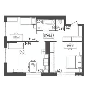 3-к квартира, строящийся дом, 63м2, 12/17 этаж