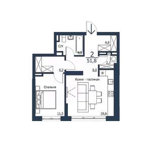 2-к квартира, строящийся дом, 52м2, 18/23 этаж