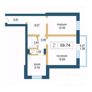2-к квартира, вторичка, 60м2, 4/17 этаж