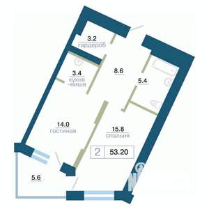 2-к квартира, вторичка, 53м2, 22/24 этаж