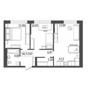 3-к квартира, строящийся дом, 57м2, 16/17 этаж