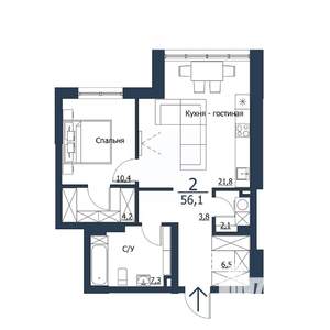 2-к квартира, строящийся дом, 56м2, 21/23 этаж