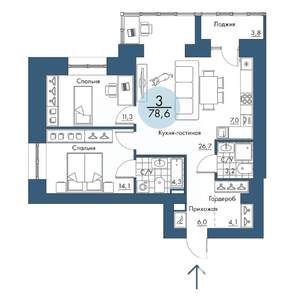 3-к квартира, строящийся дом, 79м2, 9/17 этаж