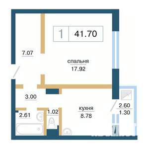 1-к квартира, строящийся дом, 42м2, 6/17 этаж