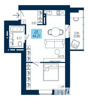 1-к квартира, строящийся дом, 44м2, 15/19 этаж