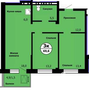 3-к квартира, строящийся дом, 69м2, 17/19 этаж