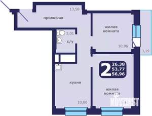 2-к квартира, вторичка, 57м2, 23/25 этаж