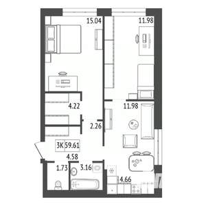 3-к квартира, вторичка, 60м2, 10/17 этаж
