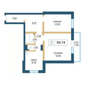 2-к квартира, вторичка, 60м2, 3/17 этаж