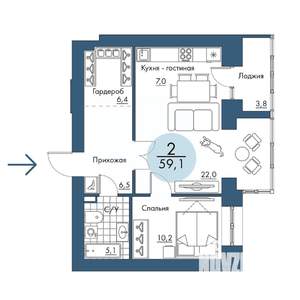 2-к квартира, строящийся дом, 59м2, 17/17 этаж