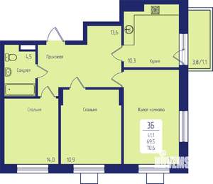 3-к квартира, строящийся дом, 71м2, 9/17 этаж