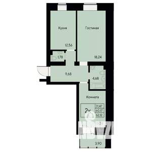 2-к квартира, строящийся дом, 62м2, 4/8 этаж