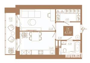 1-к квартира, строящийся дом, 44м2, 2/23 этаж