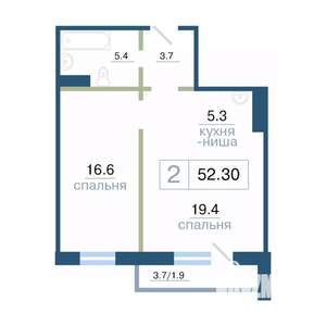 2-к квартира, строящийся дом, 52м2, 17/17 этаж