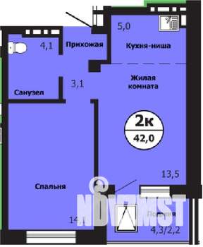 2-к квартира, строящийся дом, 42м2, 1/19 этаж