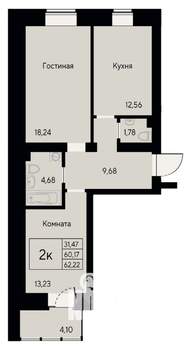 2-к квартира, строящийся дом, 62м2, 3/8 этаж