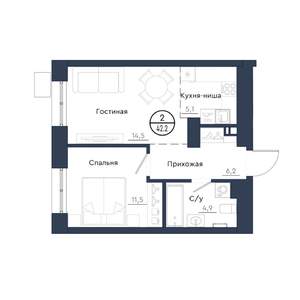 2-к квартира, строящийся дом, 42м2, 5/23 этаж