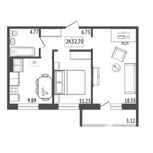 2-к квартира, вторичка, 53м2, 8/18 этаж