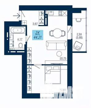 1-к квартира, строящийся дом, 44м2, 9/19 этаж