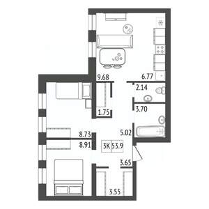 3-к квартира, строящийся дом, 54м2, 13/17 этаж