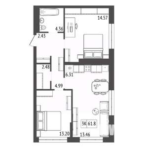 3-к квартира, строящийся дом, 62м2, 15/17 этаж